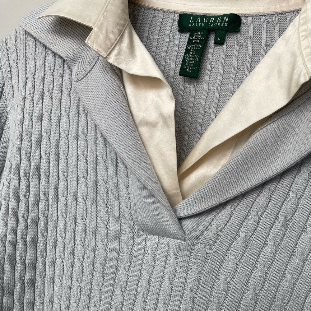 Lauren Ralph Lauren | Cashmere Silk Polo Cable Knit Sweater Baby Blue Ivory Sz L - Picture 3 of 7